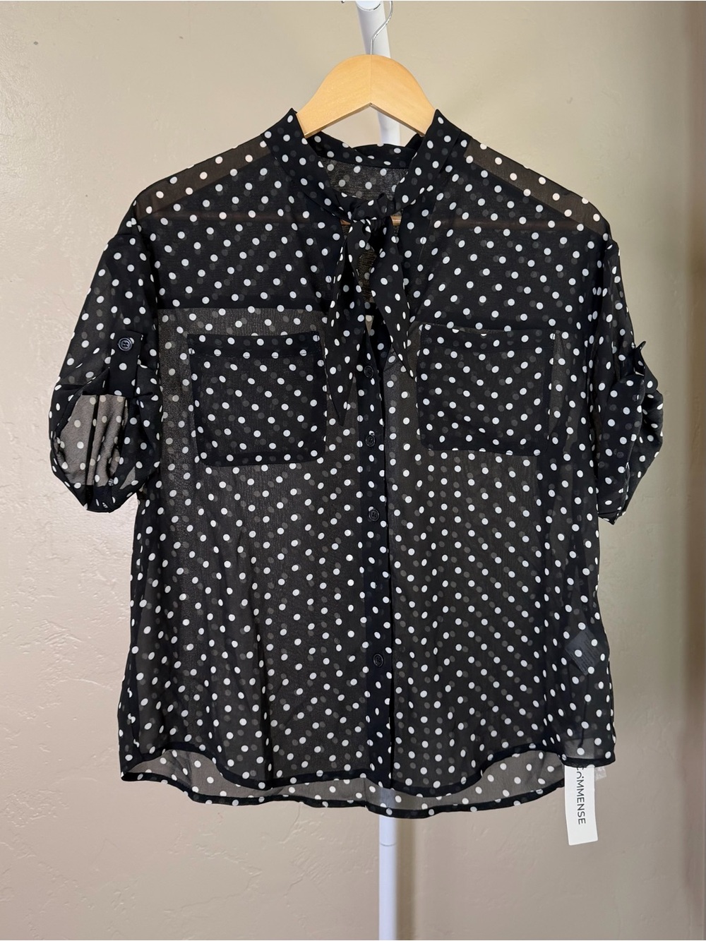 Commense Set Black White Polka Dot Sheer Shirt  Blouse Mini Skirt Small NWT - Picture 6 of 13